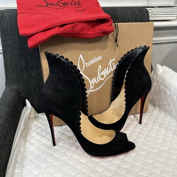 Christian Louboutin Shoes - Christian Louboutin Black Suede Scalloped Pijonina 100 Veau Velours